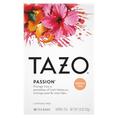 Close-up of a cup with TAZO Passion Herbal Tea and fruit garnish.