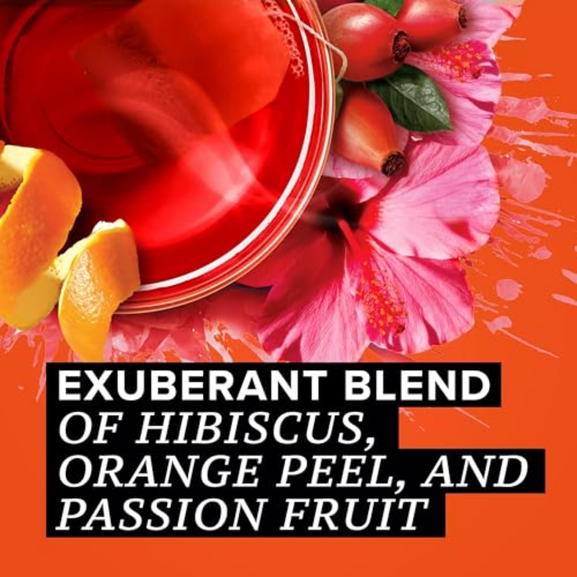 Hibiscus, passionfruit notes visible in TAZO Passion Herbal Tea blend.