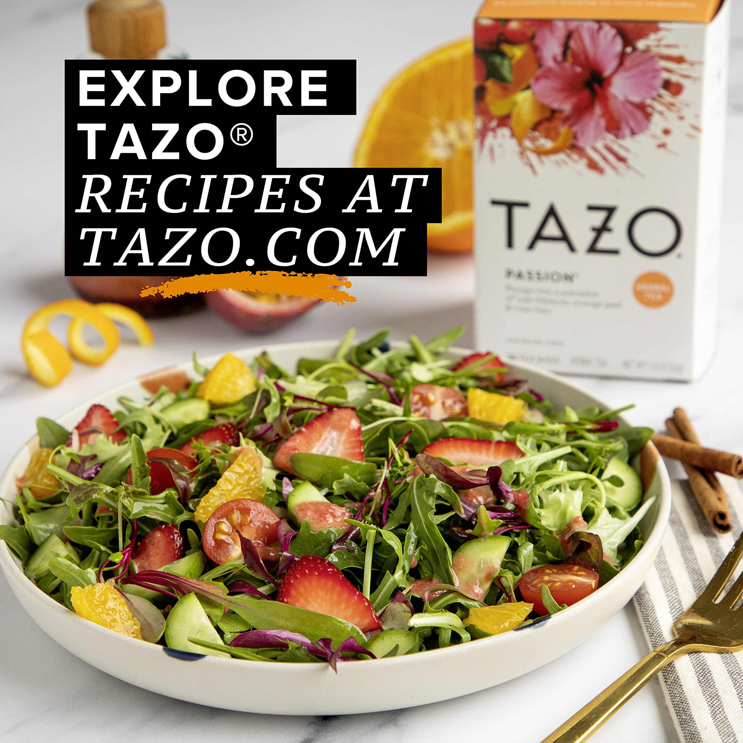 Lemongrass-infused brew of TAZO Passion Herbal Tea on display.