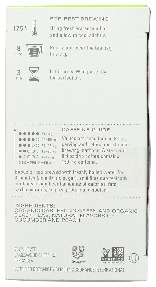 TAZO Peachy Green Tea bags close-up highlighting organic blend and peach aroma.