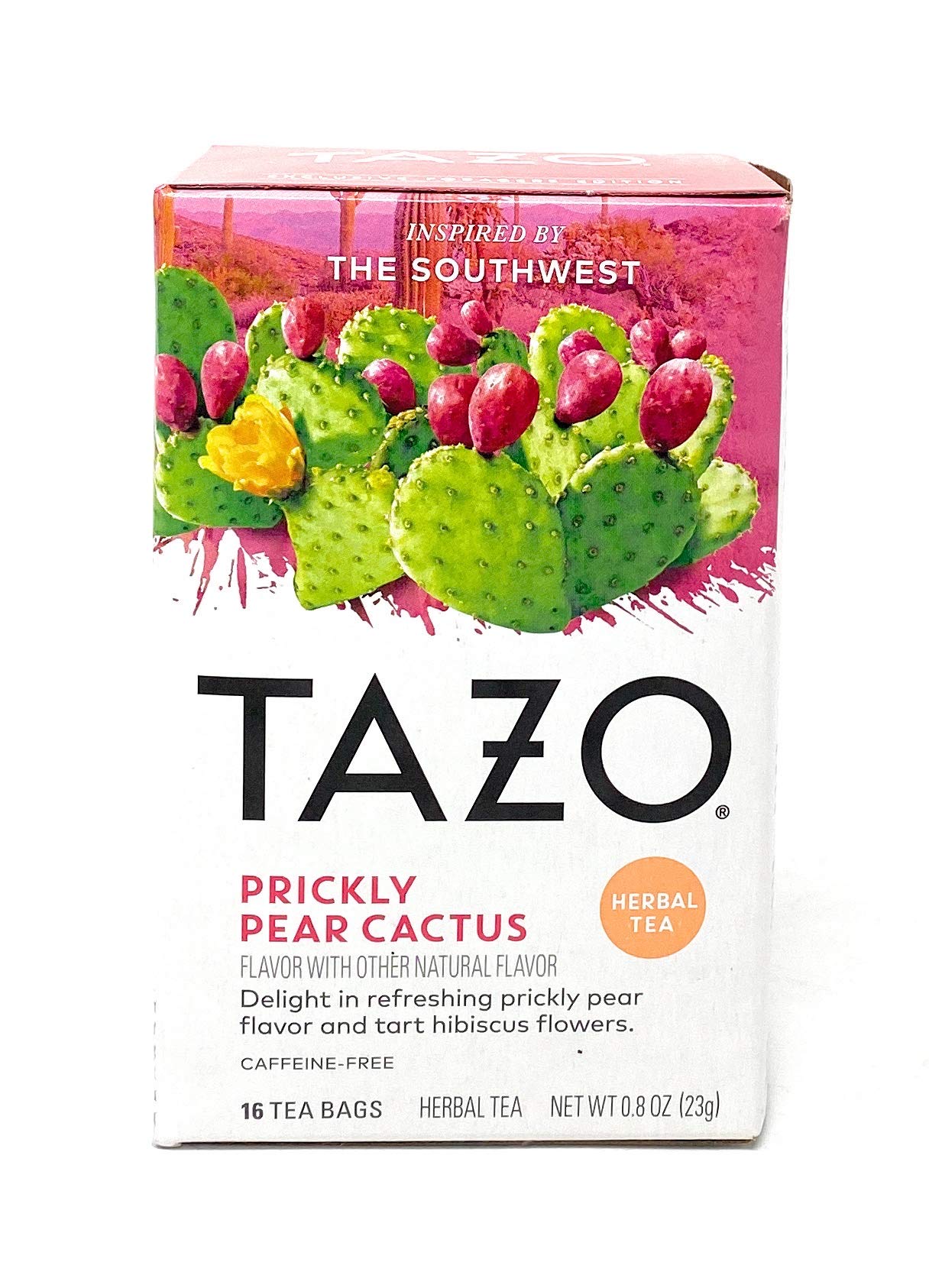 TAZO Prickly Pear Cactus Tea Bags box, southwestern-inspired herbal blend for caffeine-free refreshment