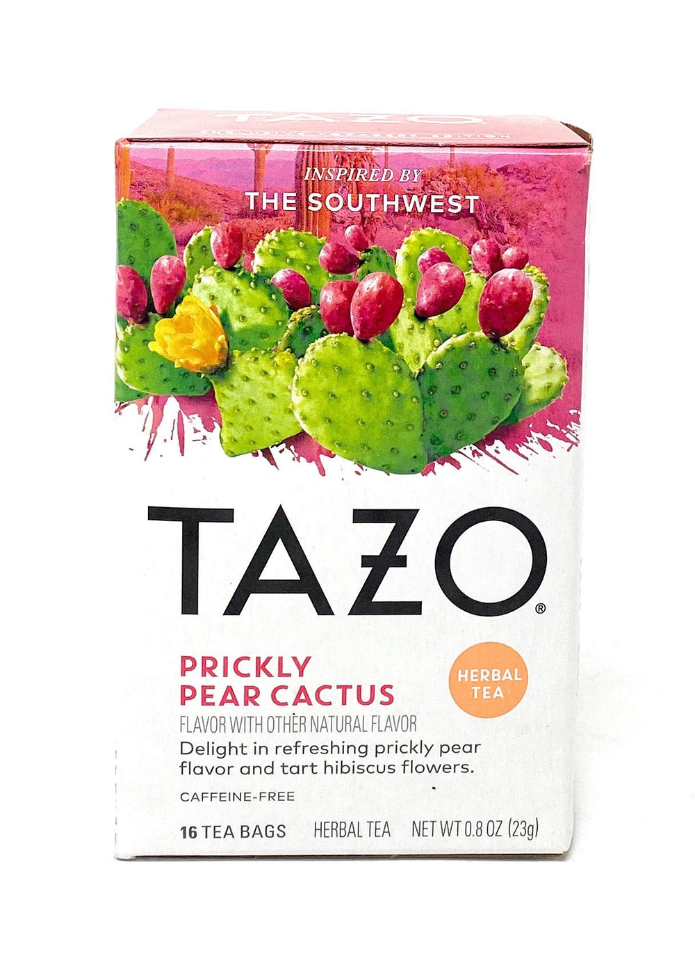 TAZO Prickly Pear Cactus Tea Bags box, southwestern-inspired herbal blend for caffeine-free refreshment