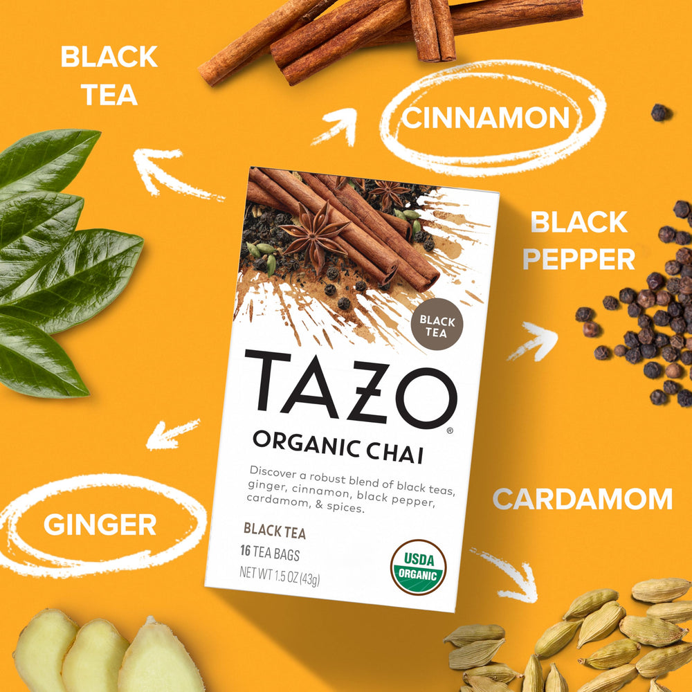 TAZO spice-forward chai blend with ginger, cinnamon and cardamom
