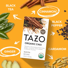 TAZO spice-forward chai blend with ginger, cinnamon and cardamom