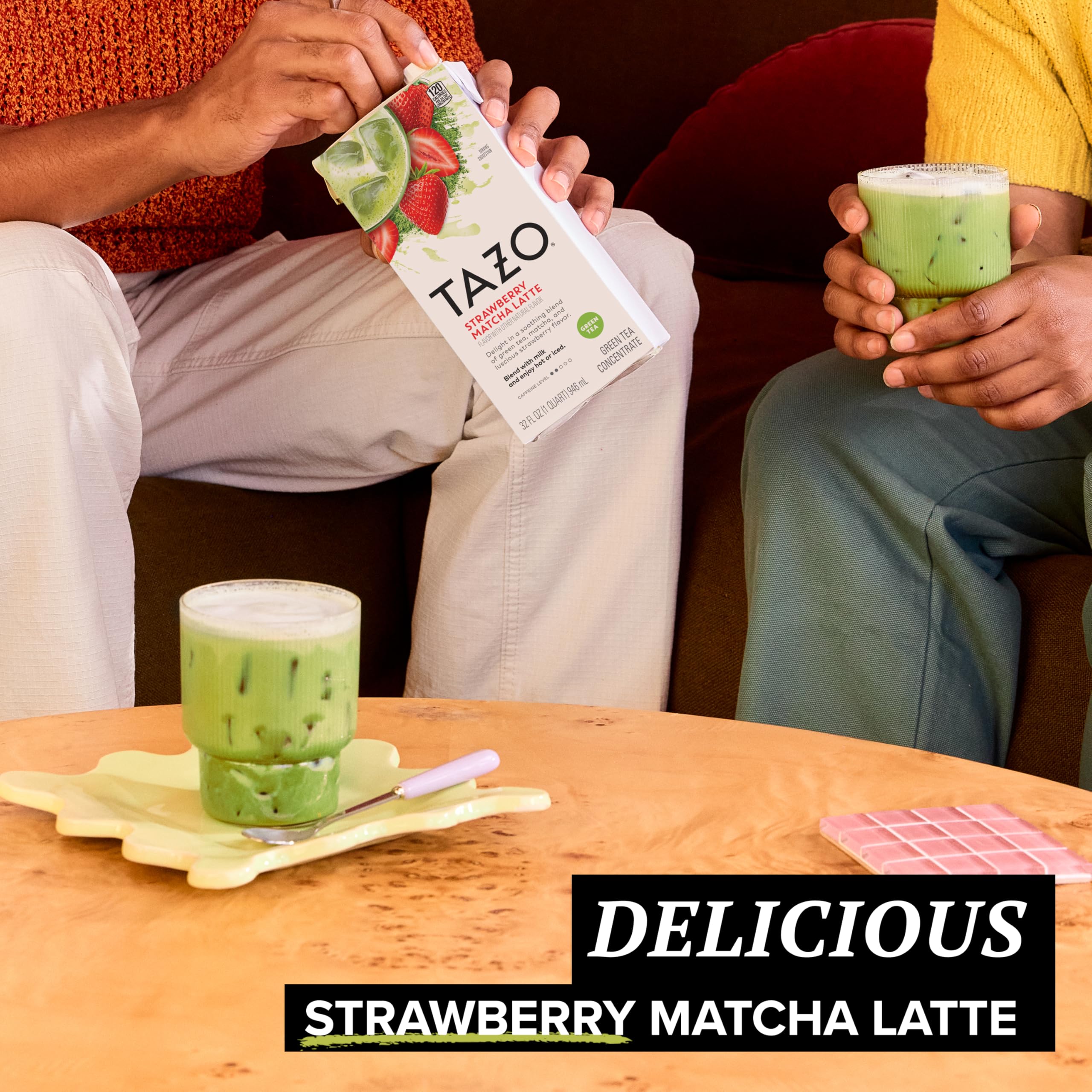 TAZO label detail highlights strawberry green tea and matcha flavor blend