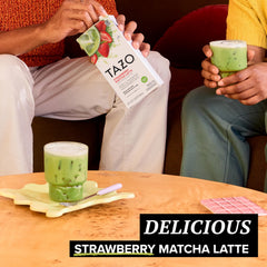 TAZO label detail highlights strawberry green tea and matcha flavor blend