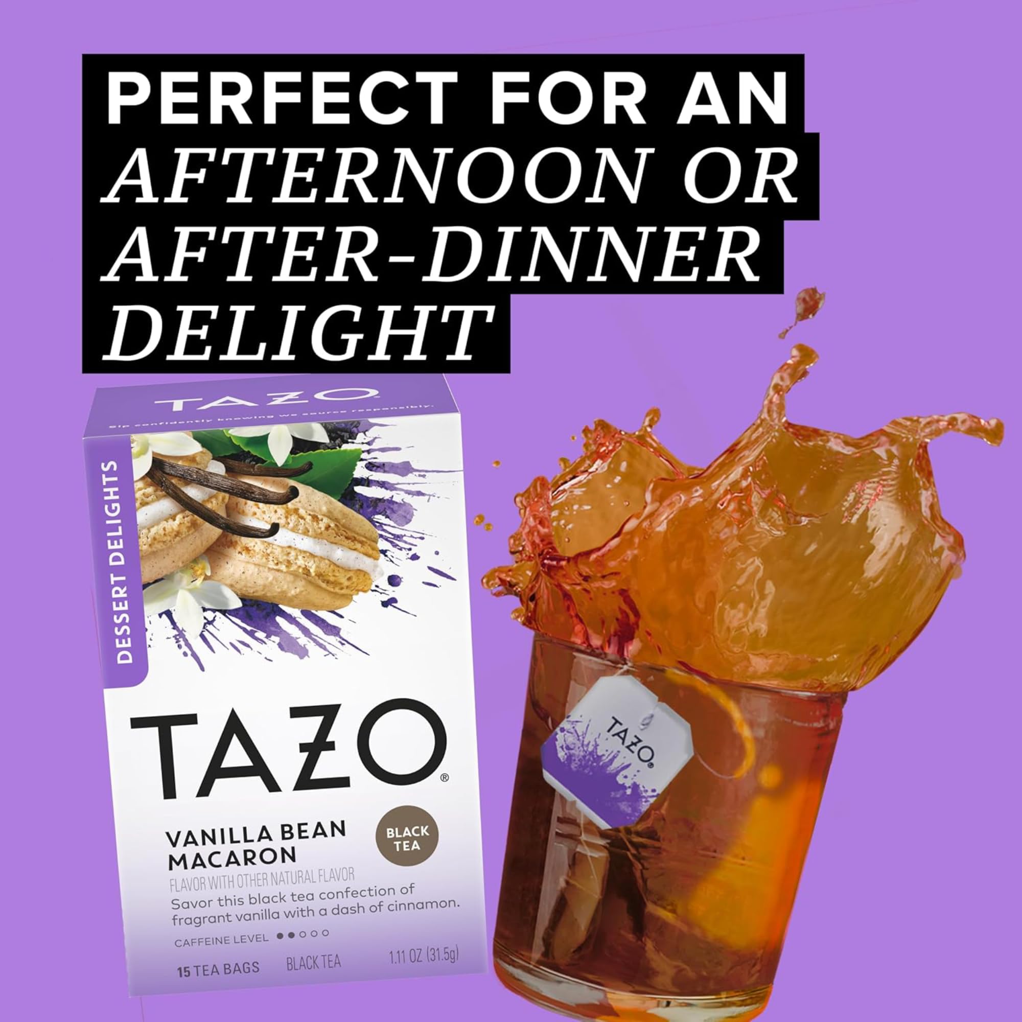 TAZO Vanilla Bean Macaron tea bag closeup with vanilla cream and coconut hints