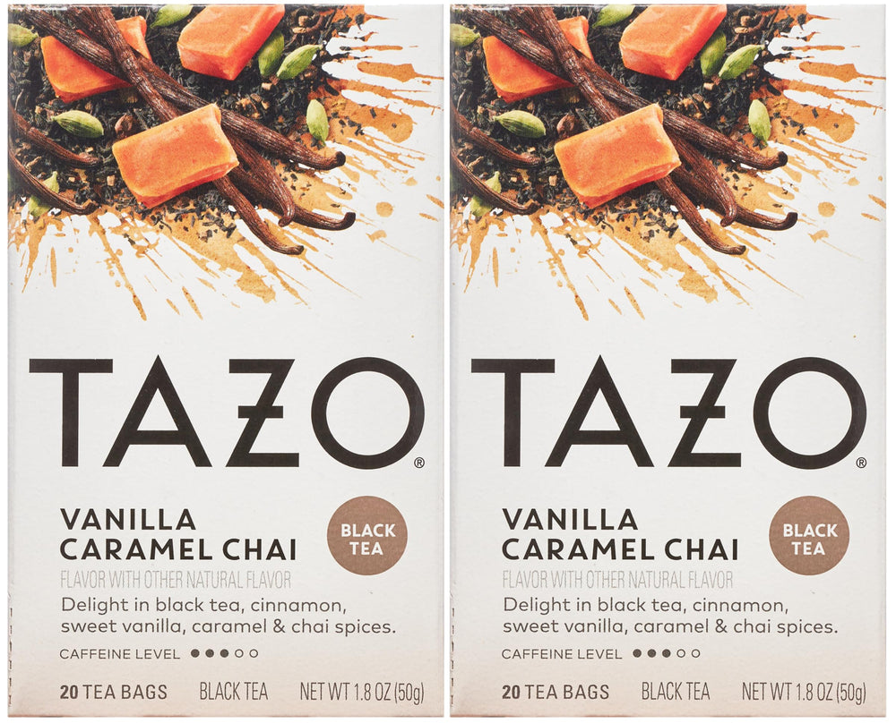 TAZO Vanilla Caramel Chai tea bags ready to brew for a cozy morning