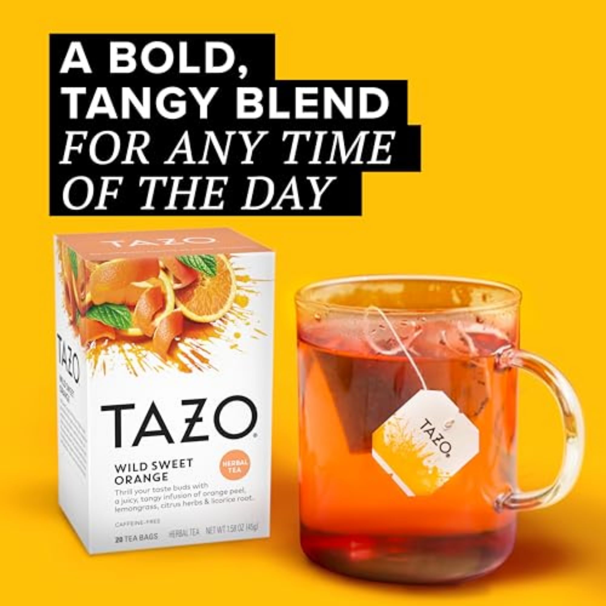 TAZO Wild Sweet Orange tea bags steeping for a fragrant, caffeine-free infusion