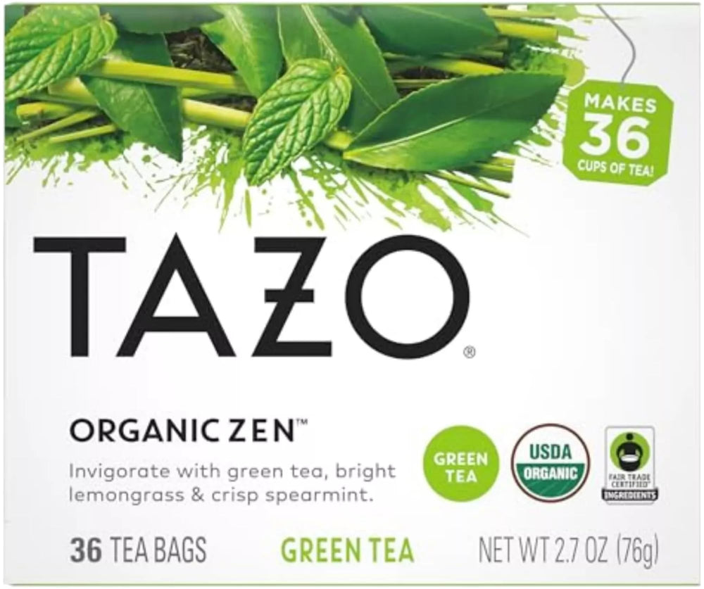 TAZO Zen green tea bag with mint and verbena, perfect for a refreshing morning ritual.