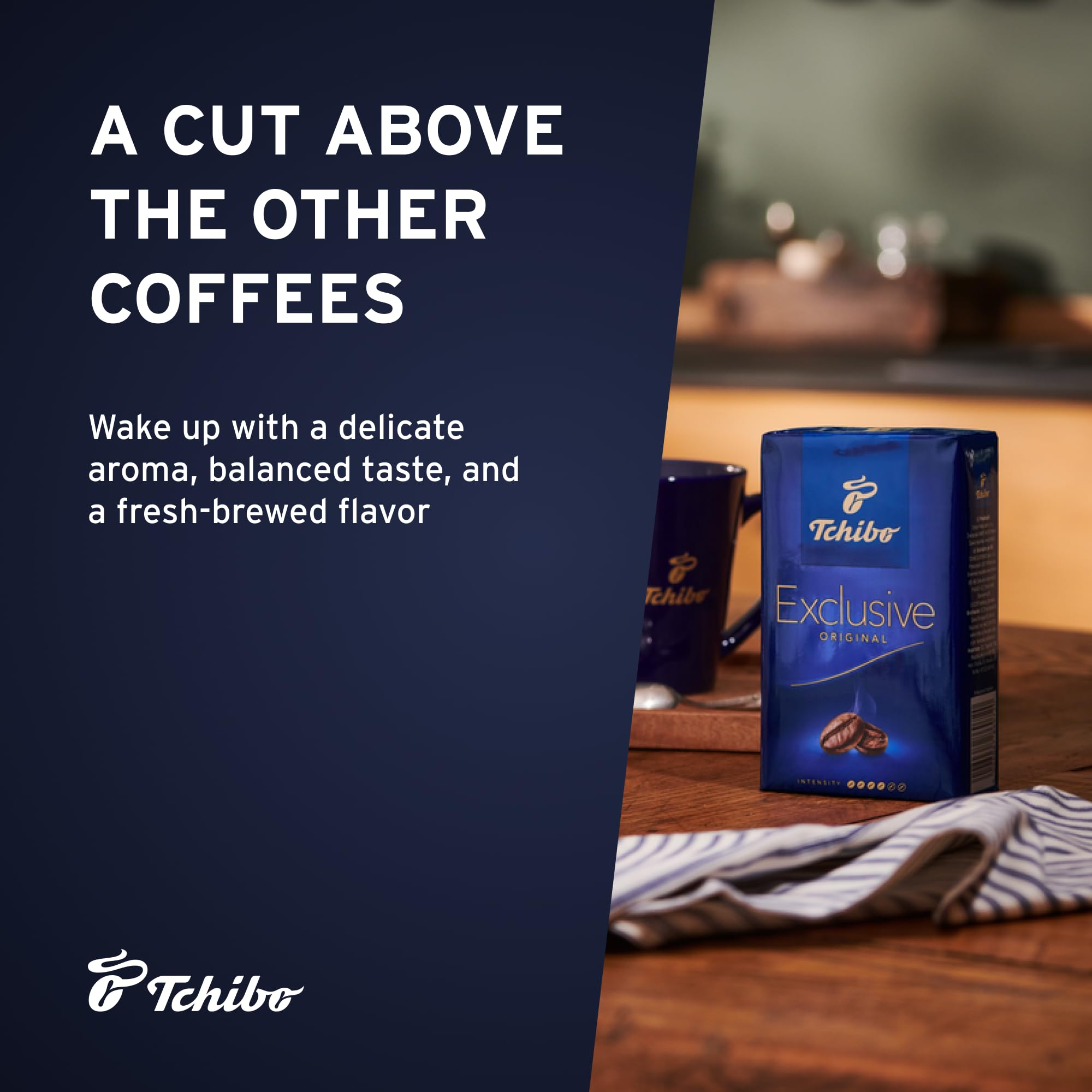 Tchibo Exclusive premium ground coffee bags highlighted for consistent grind.