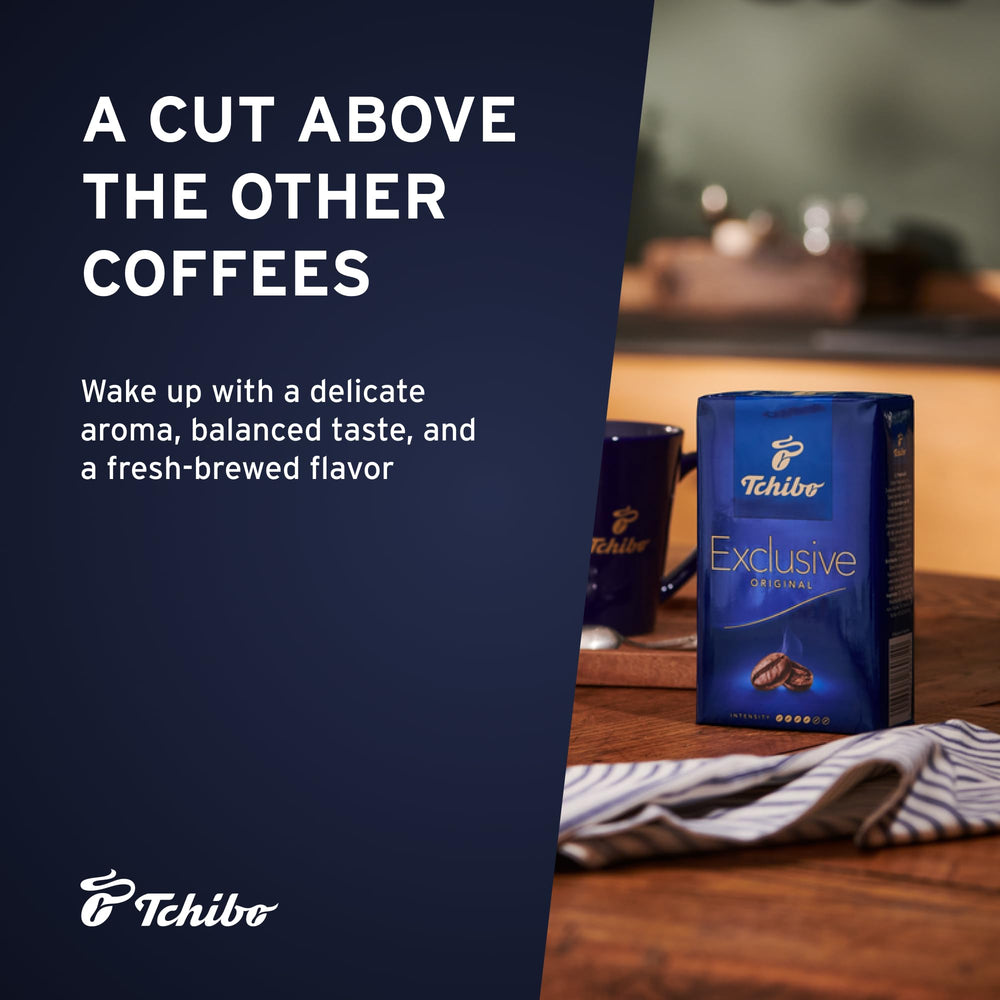 Tchibo Exclusive premium ground coffee bags highlighted for consistent grind.
