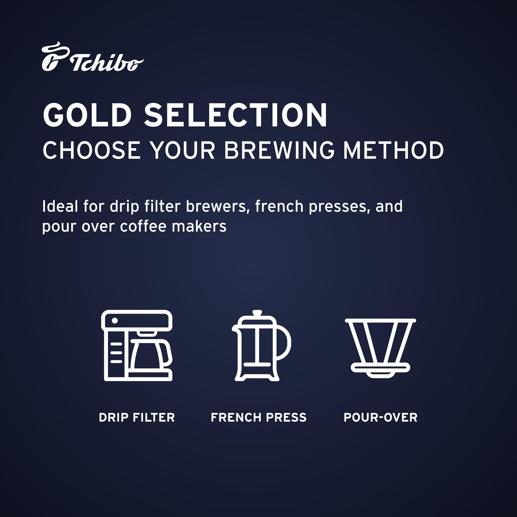 Tchibo Gold Selection brew steaming cup suggests rich aroma and flavor.