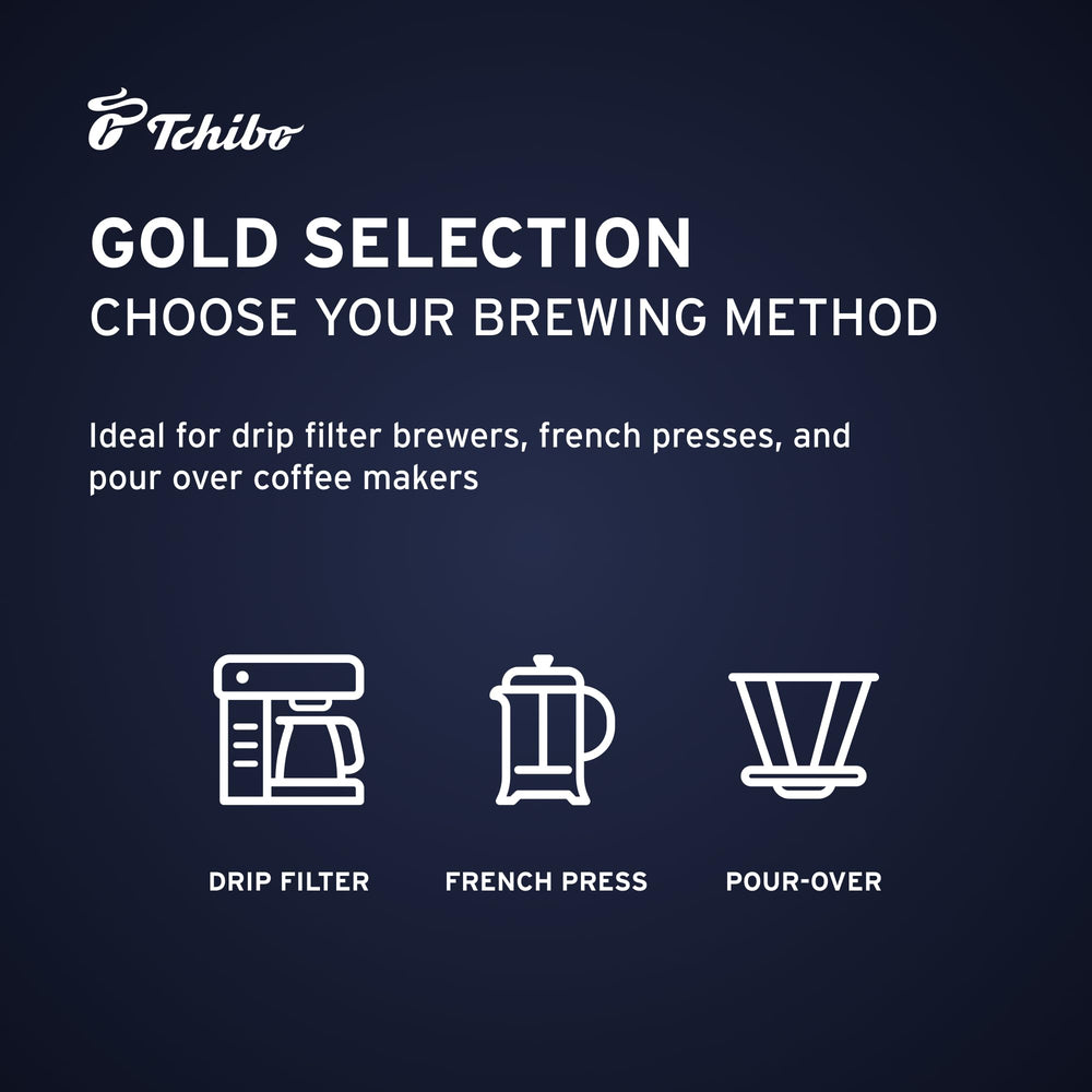 Tchibo Gold Selection brew steaming cup suggests rich aroma and flavor.