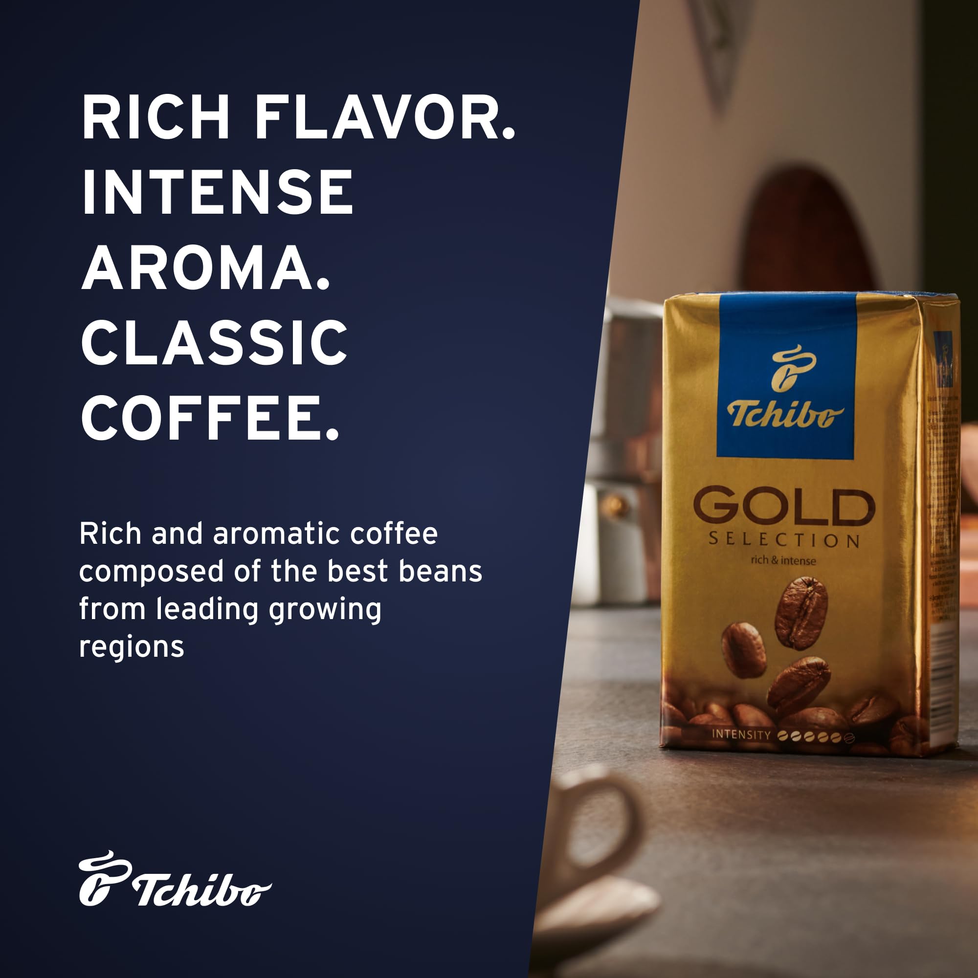 Tchibo Gold Selection ground coffee pack seal demonstrates airtight freshness.