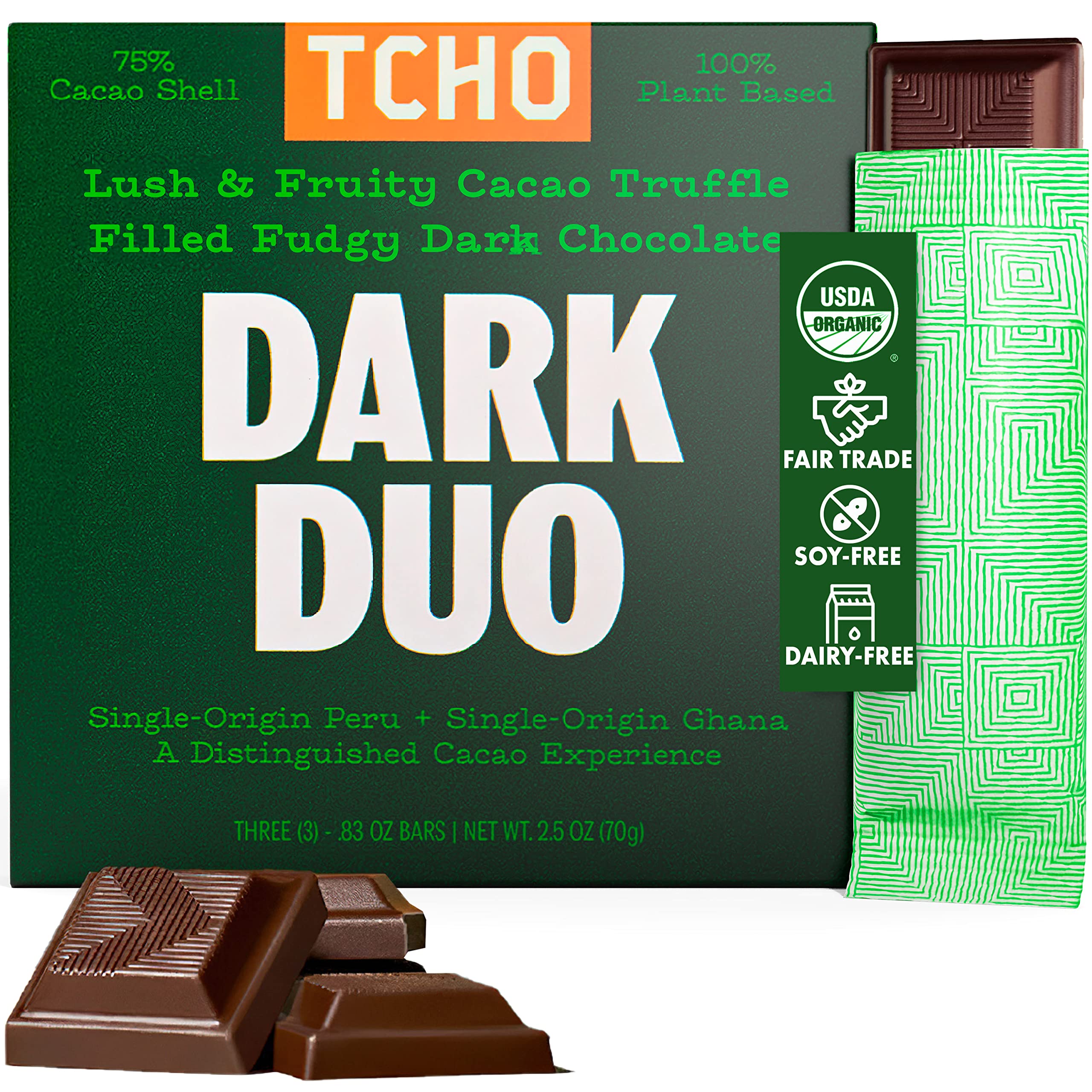 TCHO Organic Dark Duo filled chocolate square with two fillings for rich flavor