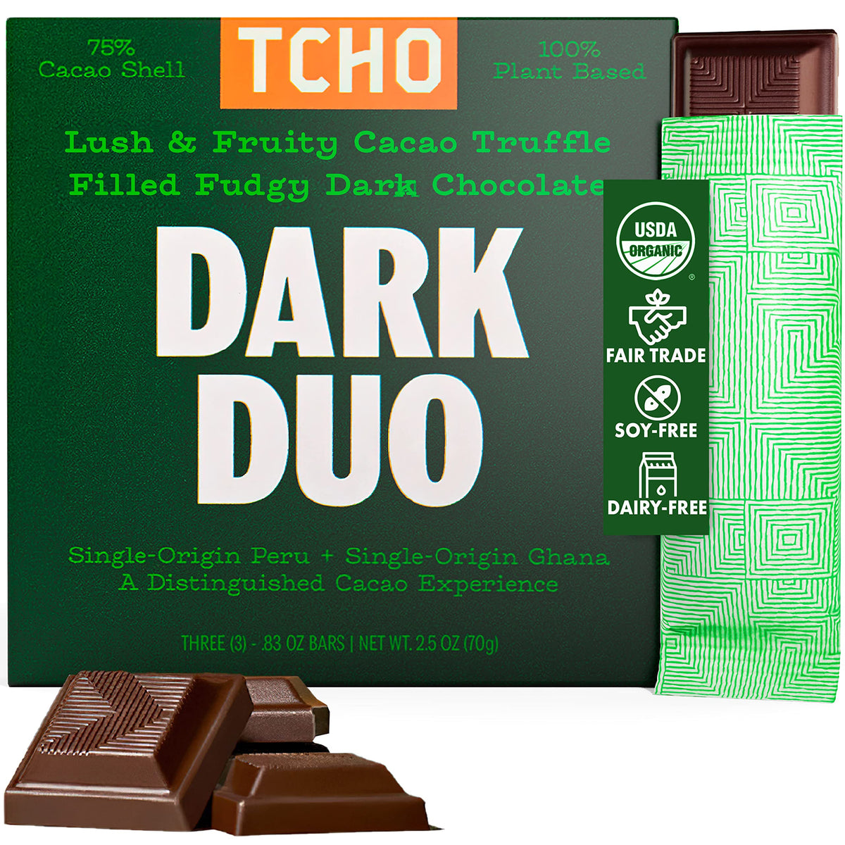 TCHO Organic Dark Duo filled chocolate square with two fillings for rich flavor