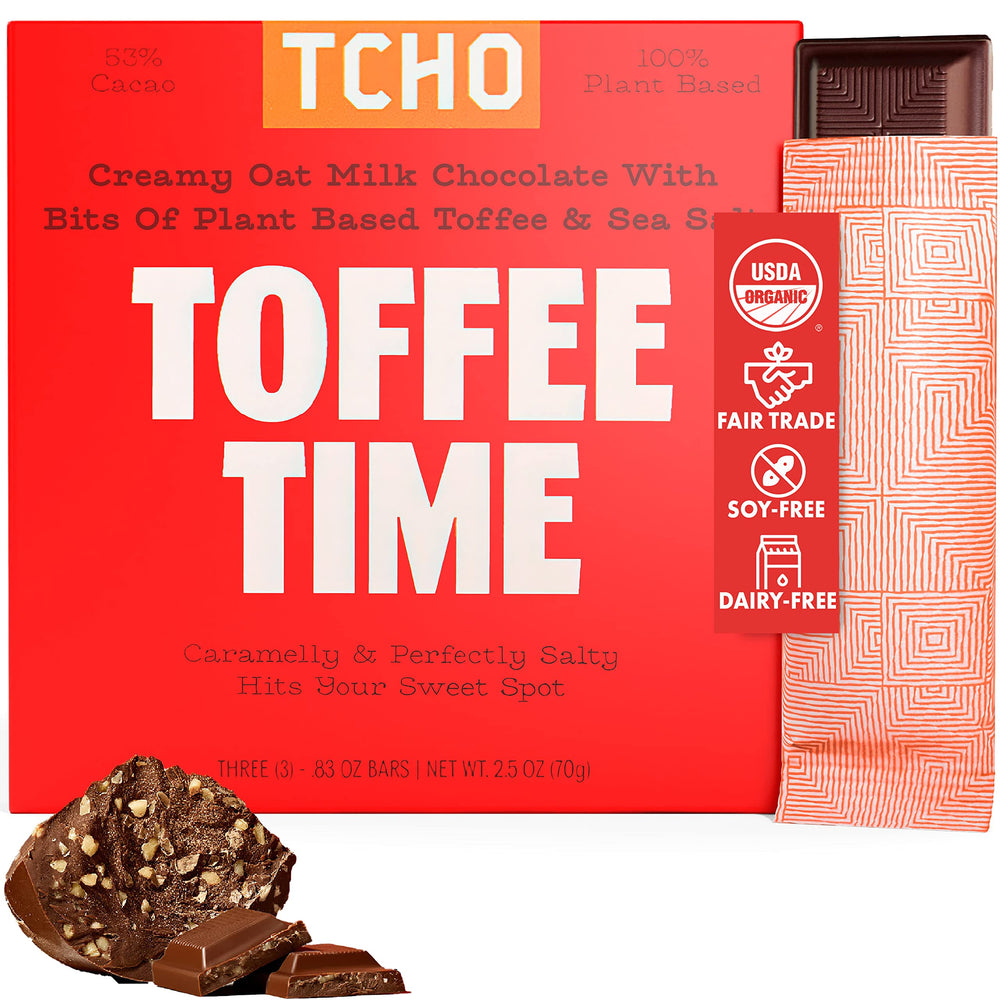 TCHO Organic Toffee Time oat milk chocolate bar, creamy texture with toffee notes, perfect snack.