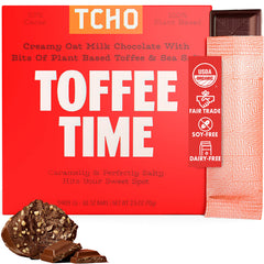 TCHO Organic Toffee Time oat milk chocolate bar, creamy texture with toffee notes, perfect snack.