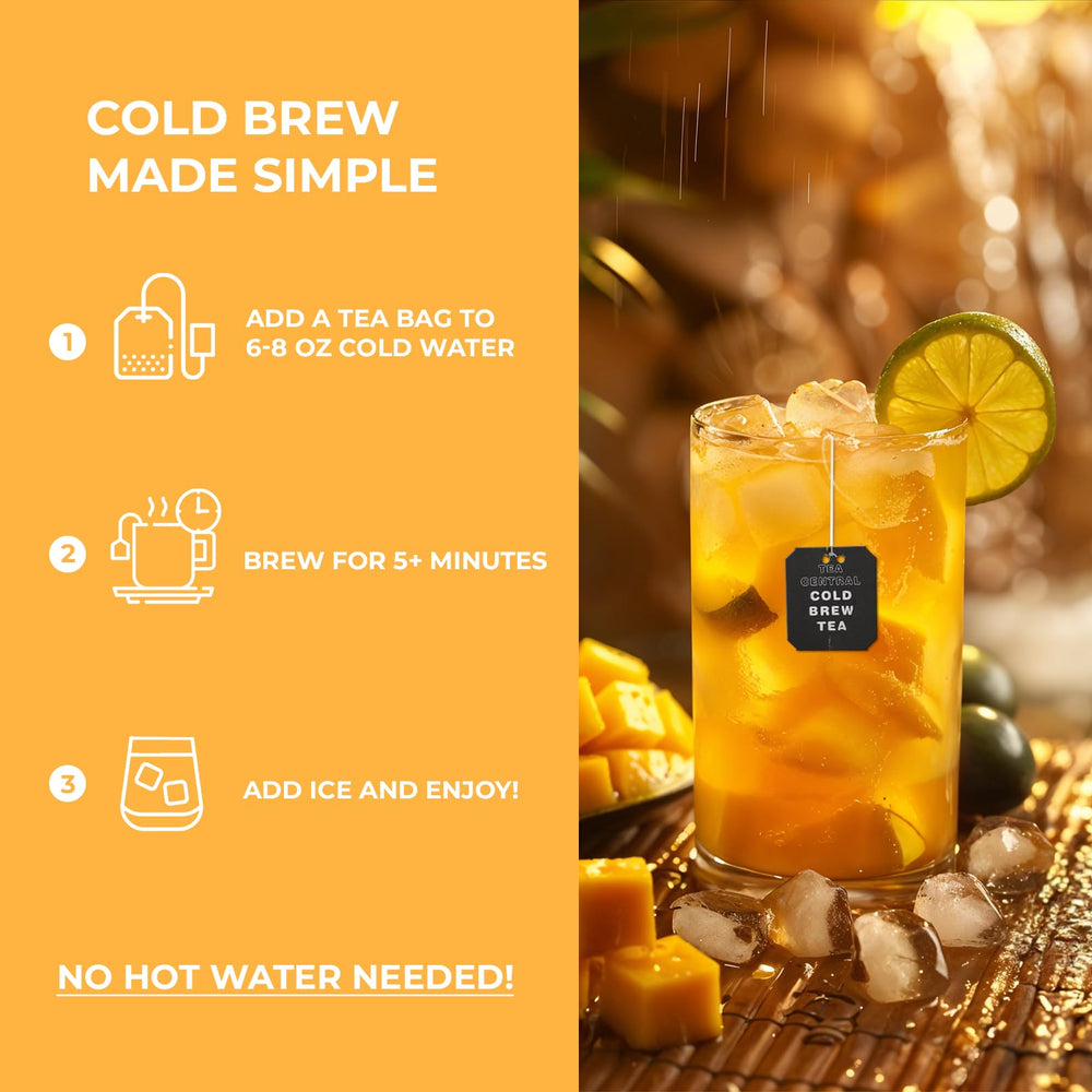 Tea Central Mango Green Tea brew over ice, inviting aroma.