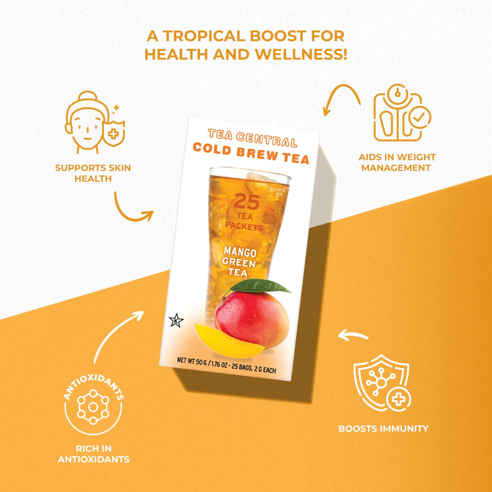 Tea Central Mango Green Tea packaging highlights plastic-free bags.