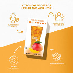 Tea Central Mango Green Tea packaging highlights plastic-free bags.