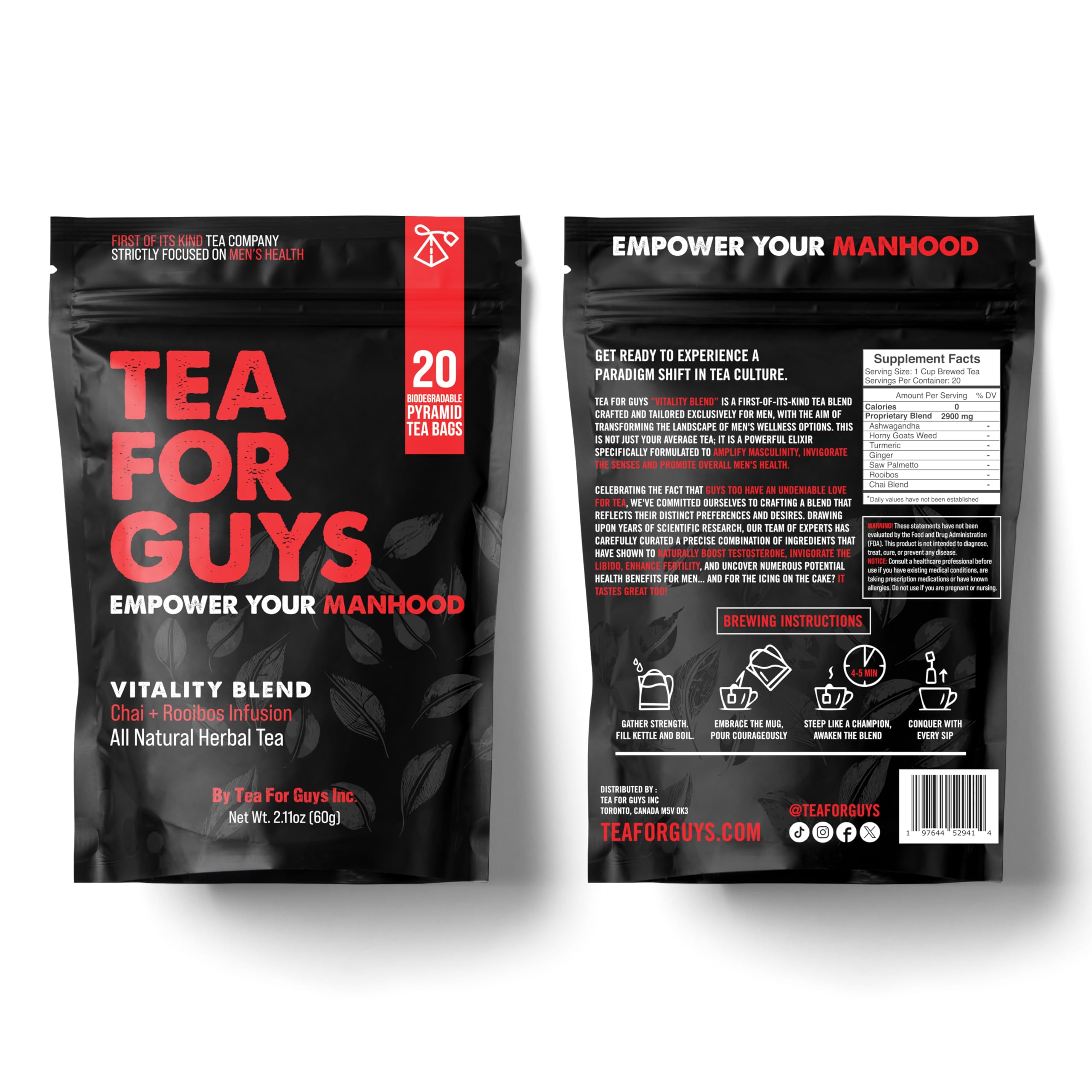 Tea For Guys Vitality Blend with ashwagandha, ideal for daily stamina and wellness.