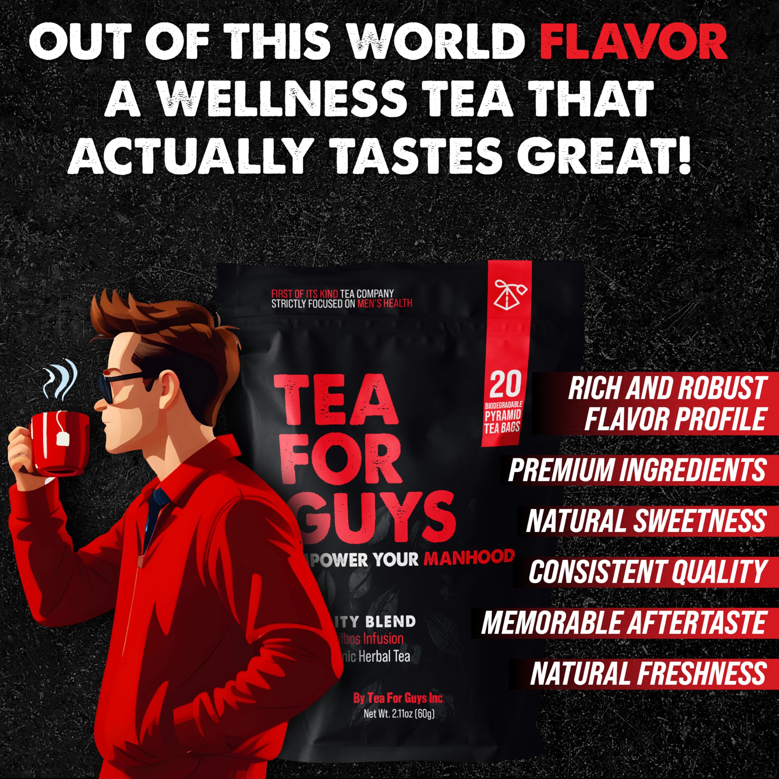Tea For Guys Vitality Blend energy cup, ideal for a morning ritual.