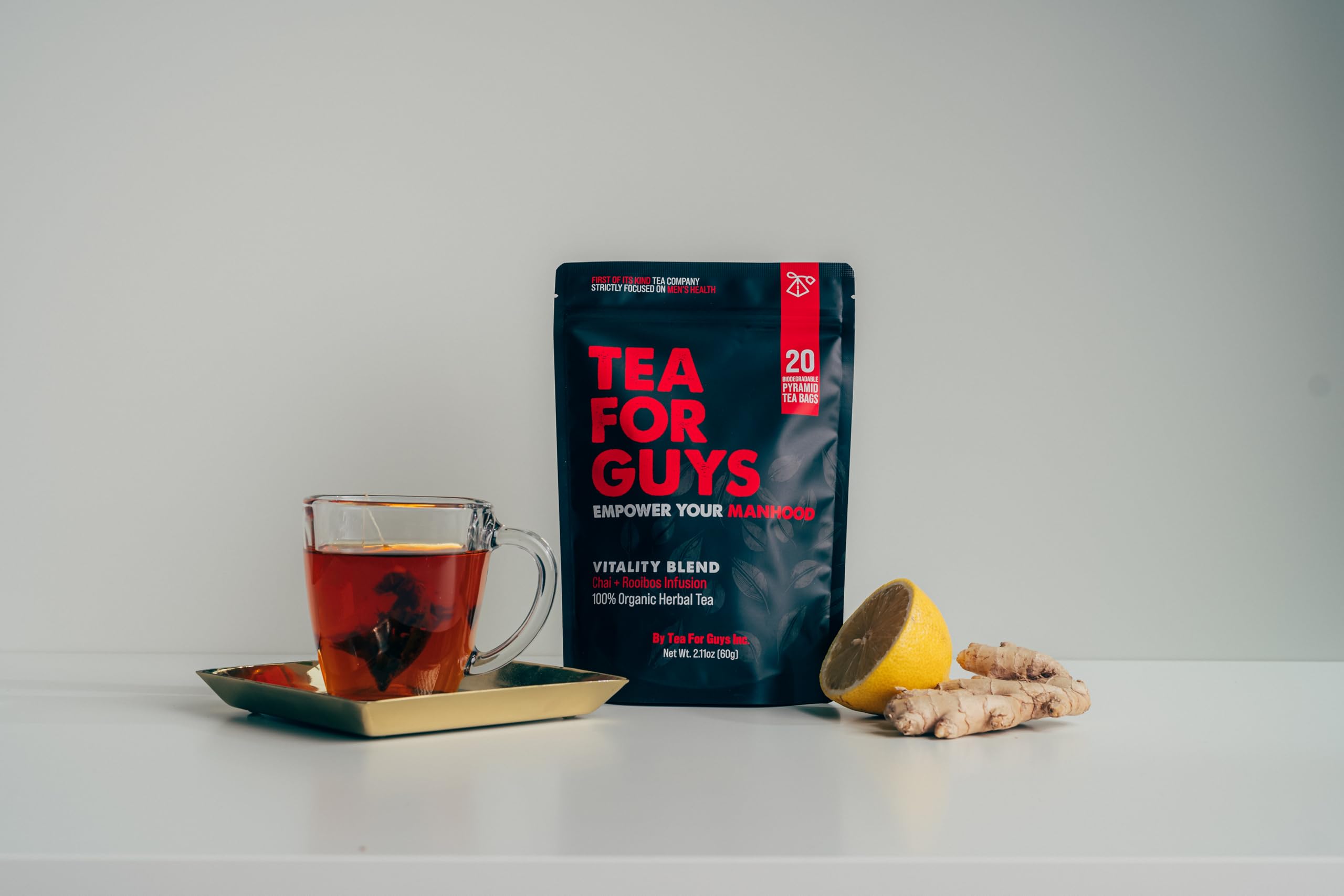 Tea For Guys Vitality Blend ginger, adding warming flavor and potential energy lift.