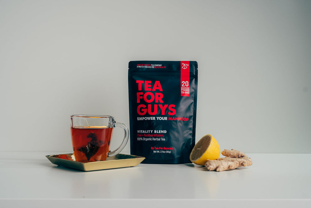 Tea For Guys Vitality Blend ginger, adding warming flavor and potential energy lift.