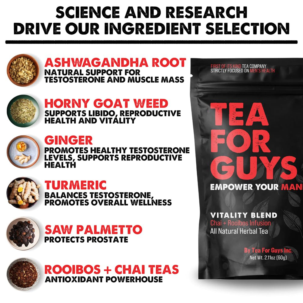 Tea For Guys Vitality Blend with horny goat weed offers a natural boost for active days.