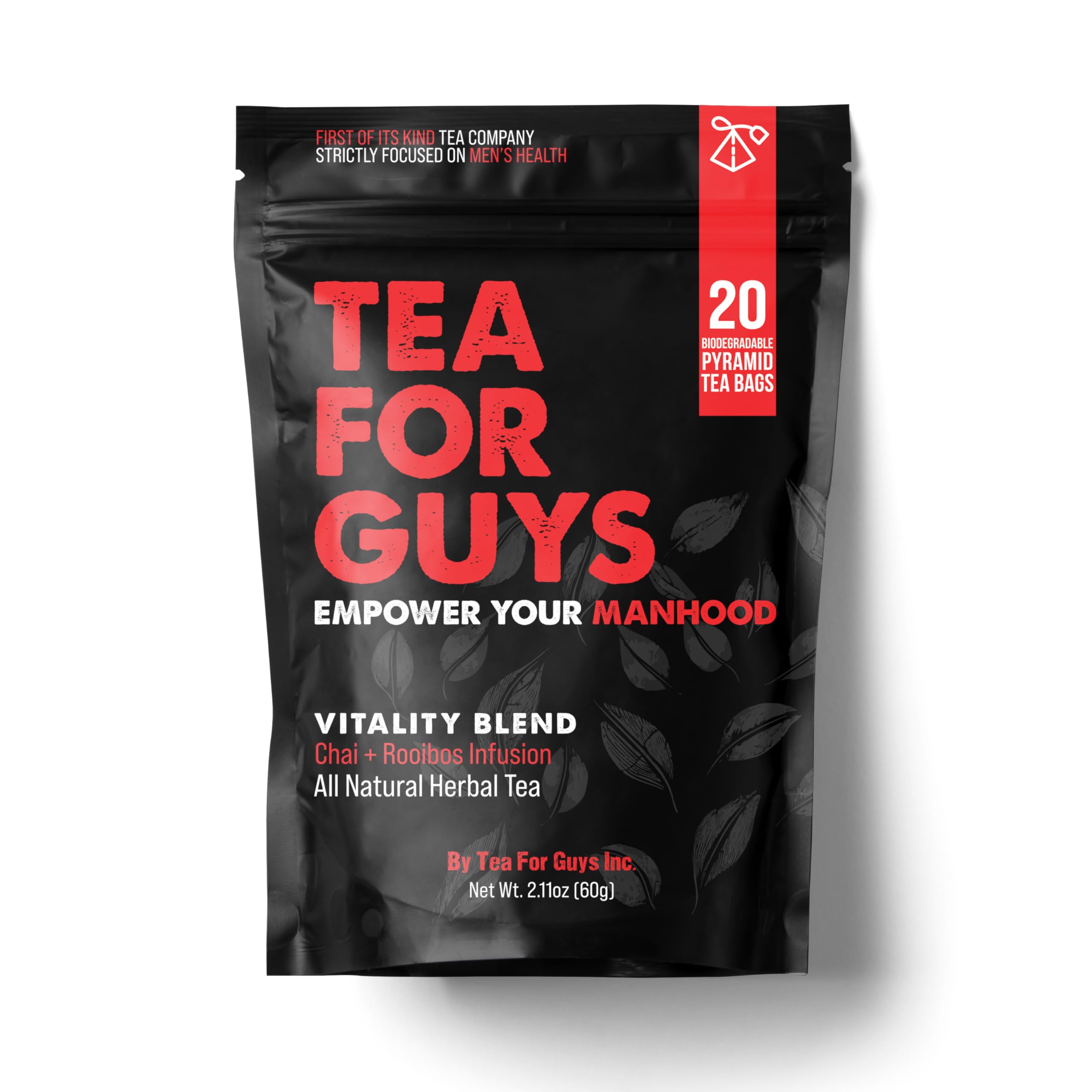 Tea For Guys Vitality Blend tea bags ready to steep for a refreshing, energizing cup.