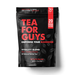 Tea For Guys Vitality Blend tea bags ready to steep for a refreshing, energizing cup.