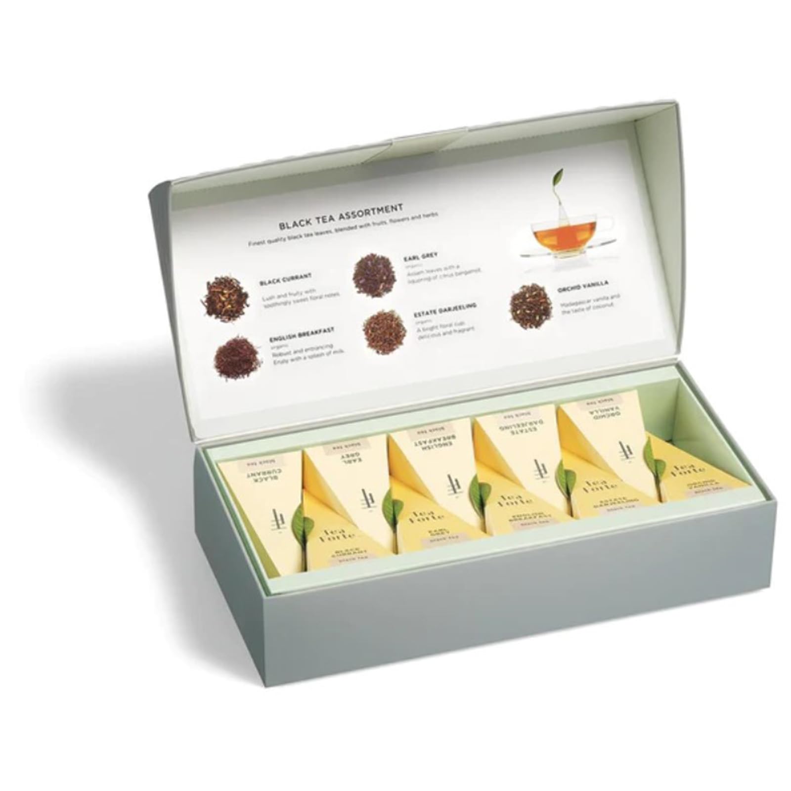 Tea Forte English Breakfast pyramid infuser showcasing a bold daily tea.