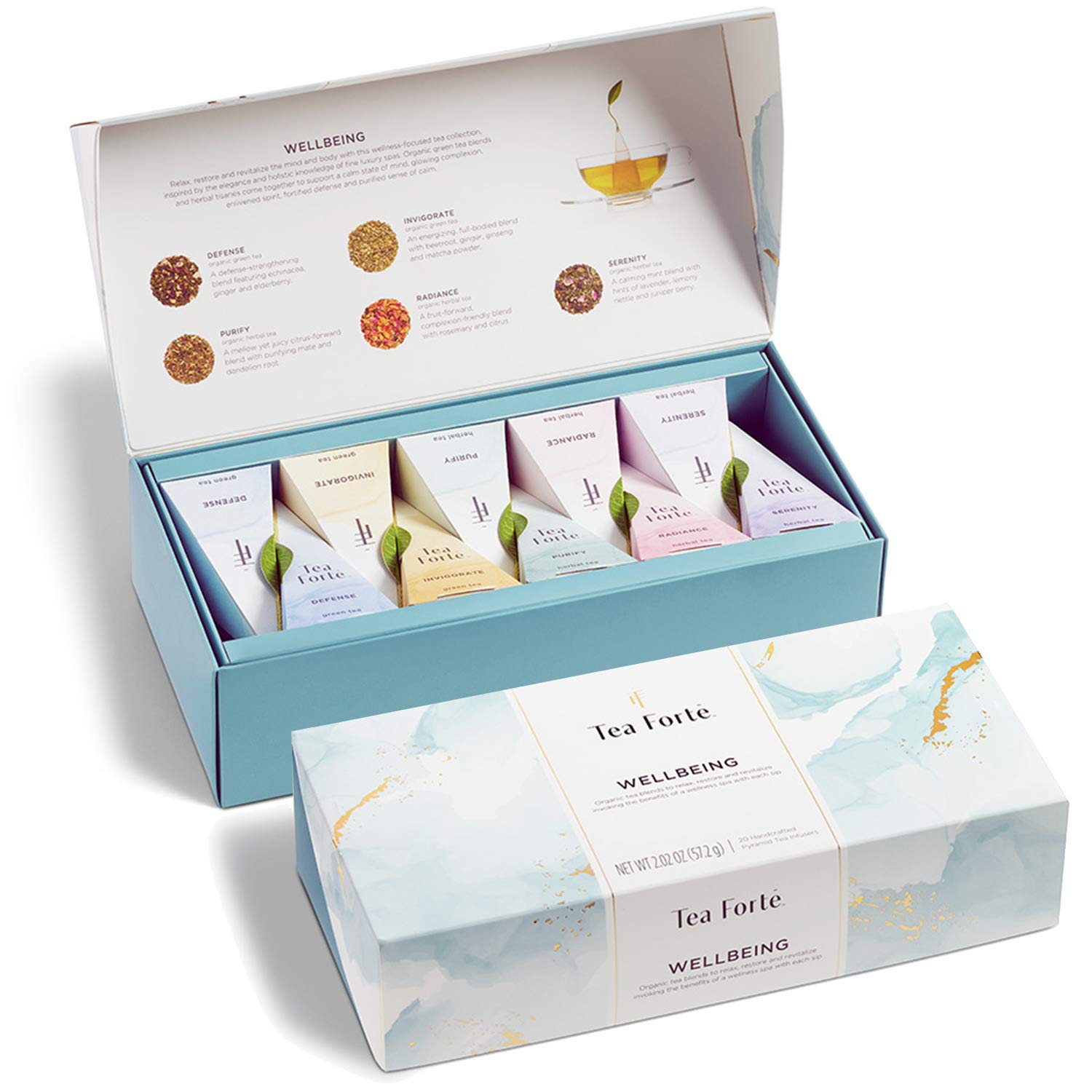 Tea Forte premium petite box front, ideal wellness gift for tea lovers.