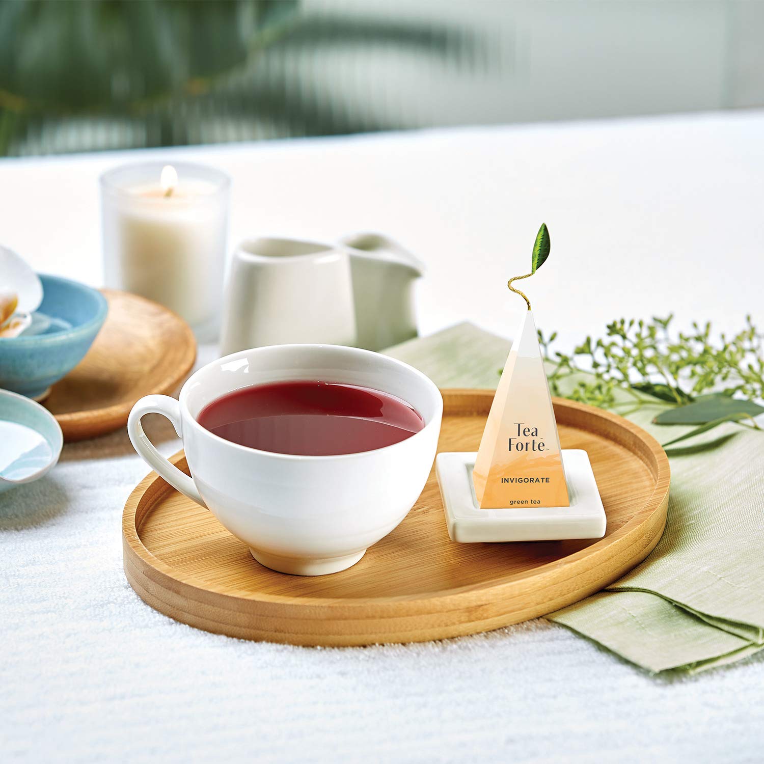 Tea Forte Serenity pyramid tea bag close-up, calming aroma for unwinding evenings.