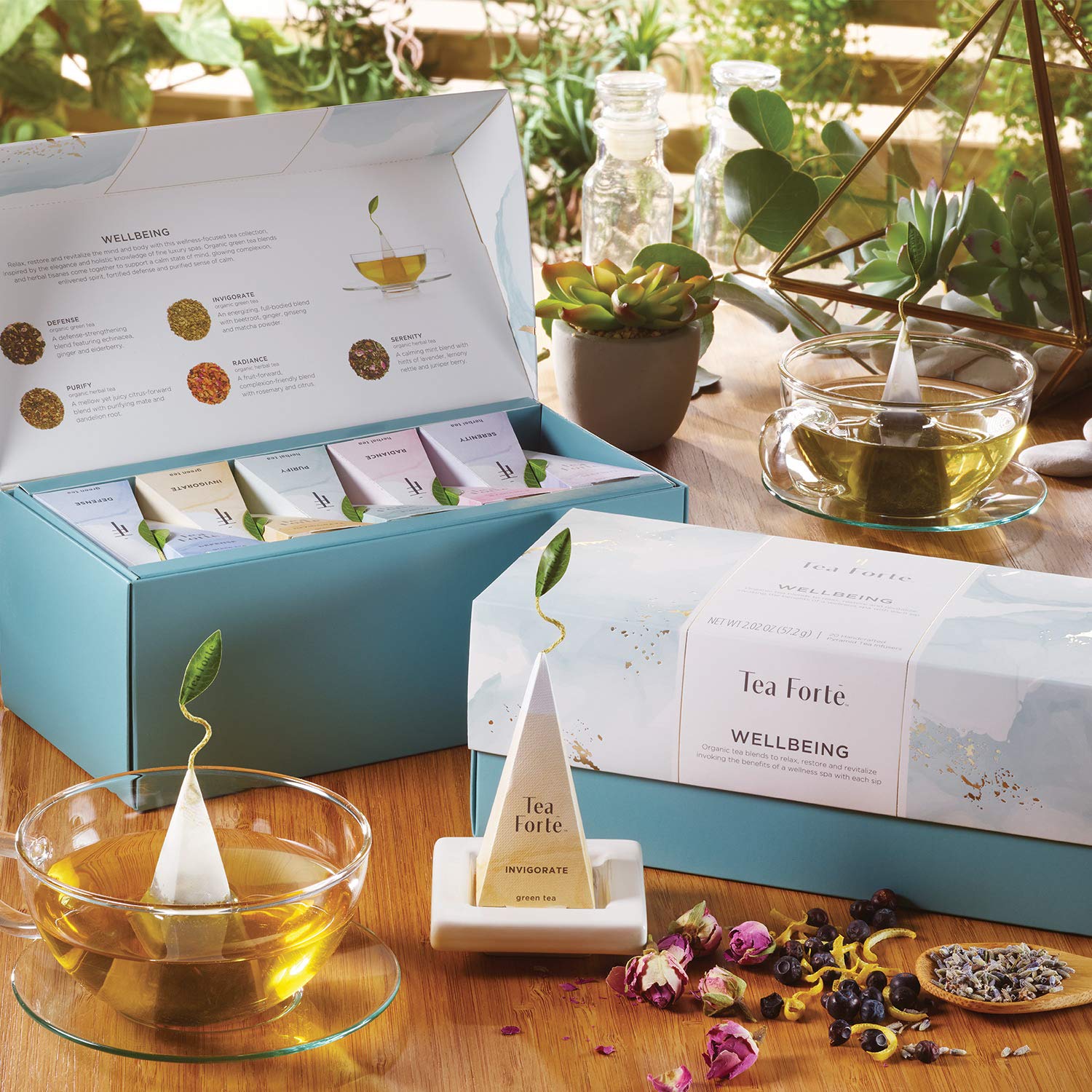 Tea Forte Serenity pyramid tea, calm flavors for winding down.