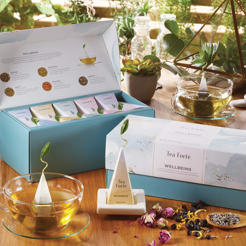 Tea Forte Serenity pyramid tea, calm flavors for winding down.