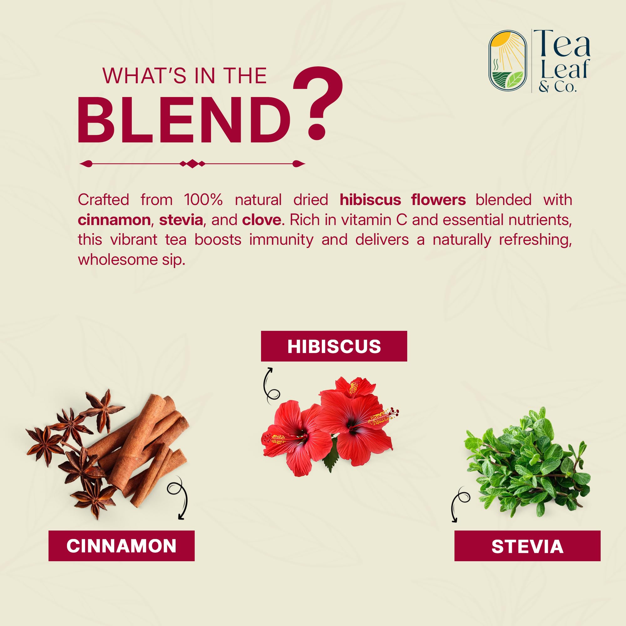 Tea Leaf & Co. closeup of hibiscus and cinnamon tea bag with vibrant notes.