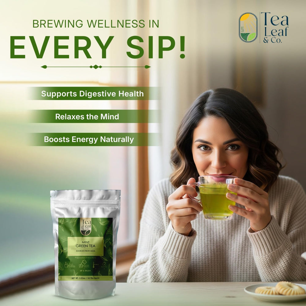 Brewing Tea Leaf & Co. mint tea releases cooling aroma for thoughtful breaks.