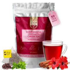 Tea Leaf & Co. Sweet Hibiscus Green Tea bags in pyramid sachets for easy brewing.