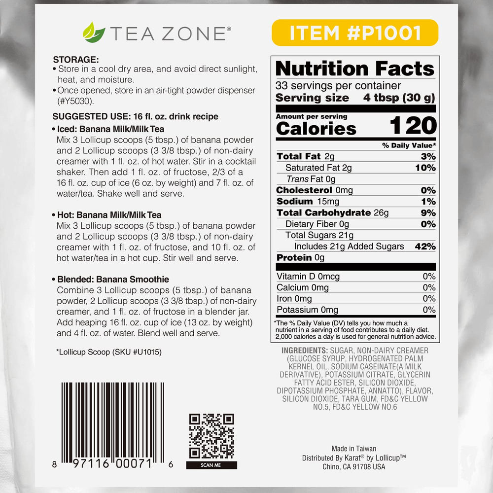 Tea Zone banana powder packaging close-up with resealable freshness