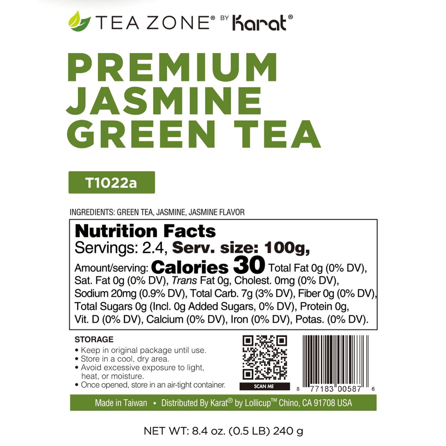 Tea Zone jasmine green tea bag closeup leaves highlighting high-quality tea leaves.