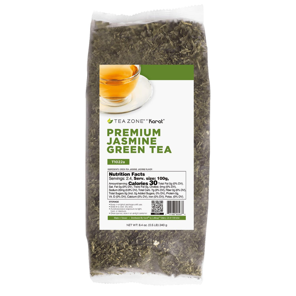 Tea Zone premium jasmine green tea bag front showcases bold aroma for hot or iced tea.