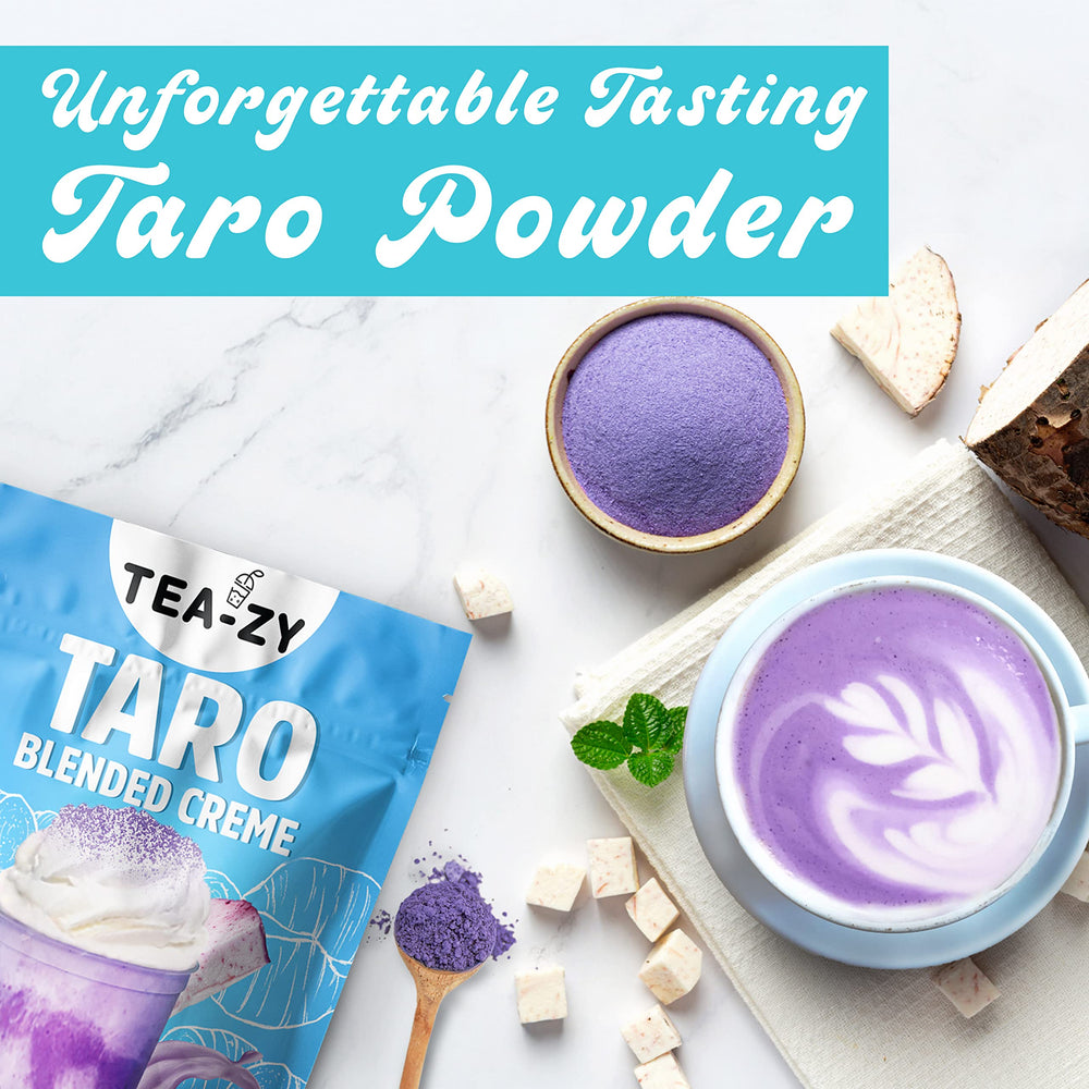 Tea-zy taro milk tea glass: creamy taro flavor ready in minutes.