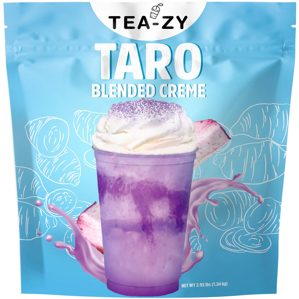 Tea-zy taro powder packaging: versatile mix for hot or cold taro drinks.