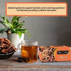 Tea4U Anise herbal tea bags closeup emphasizes aromatic herbal notes.