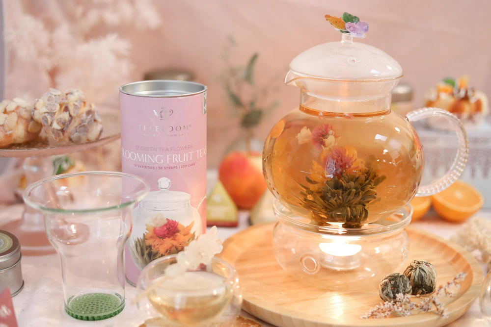 Teabloom apple cinnamon flowering tea closeup emphasizes cozy, fruit forward aroma.