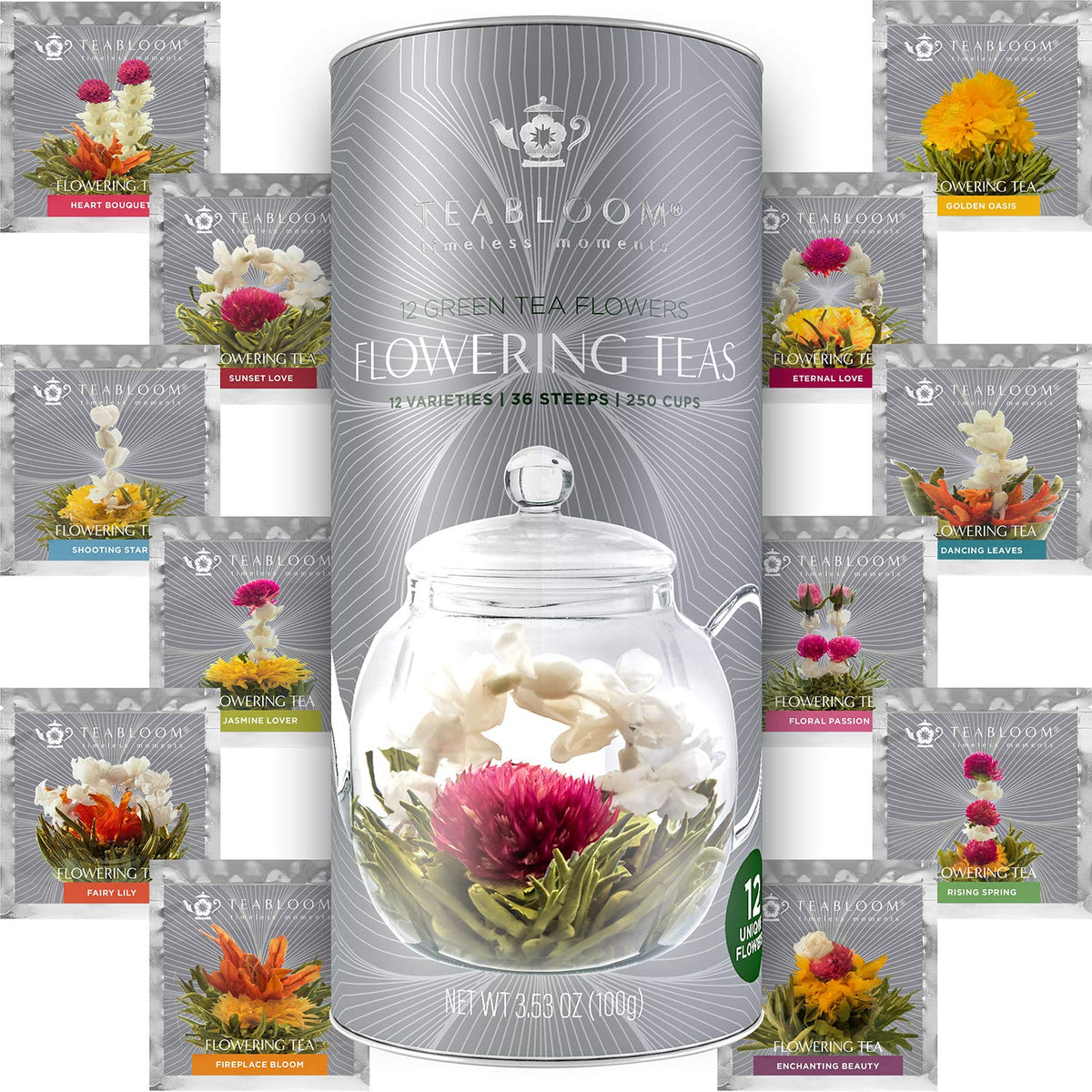 Teabloom Heart Bouquet bloom unfurling in glass teapot for a vivid, fragrant cup