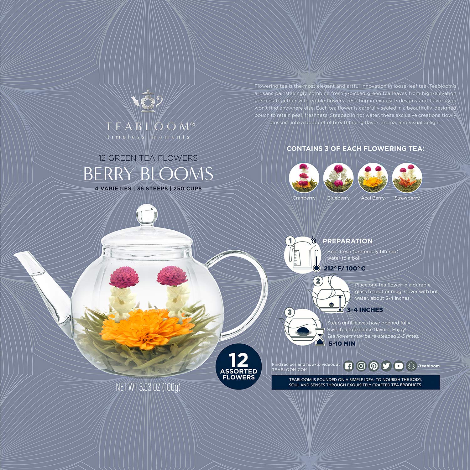 Teabloom berry bloom infusion releasing cranberry and blueberry aromas.